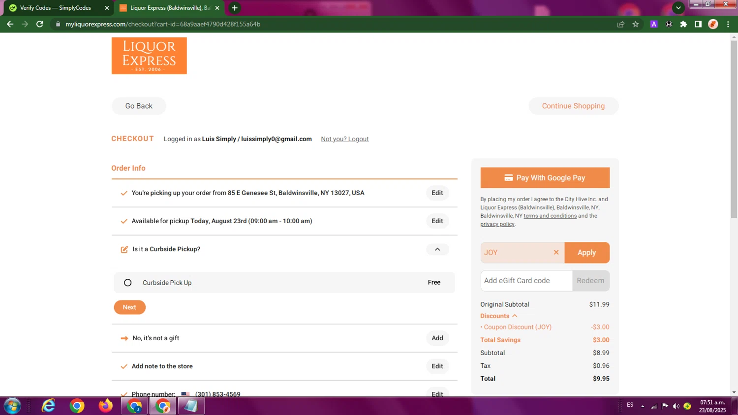 Liquor Express discount code screenshot showing code JOY applied at Liquor Express checkout page. Uploaded by SimplyCodes community member LegendaryBoss7060 on Aug 23, 2025