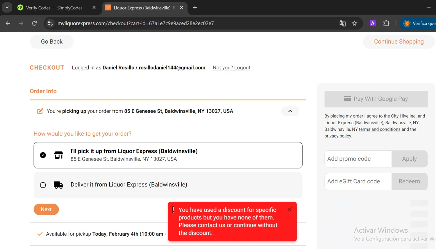Liquor Express discount code screenshot showing code JOY applied at Liquor Express checkout page. Uploaded by SimplyCodes community member CashElite5536 on Feb 4, 2025