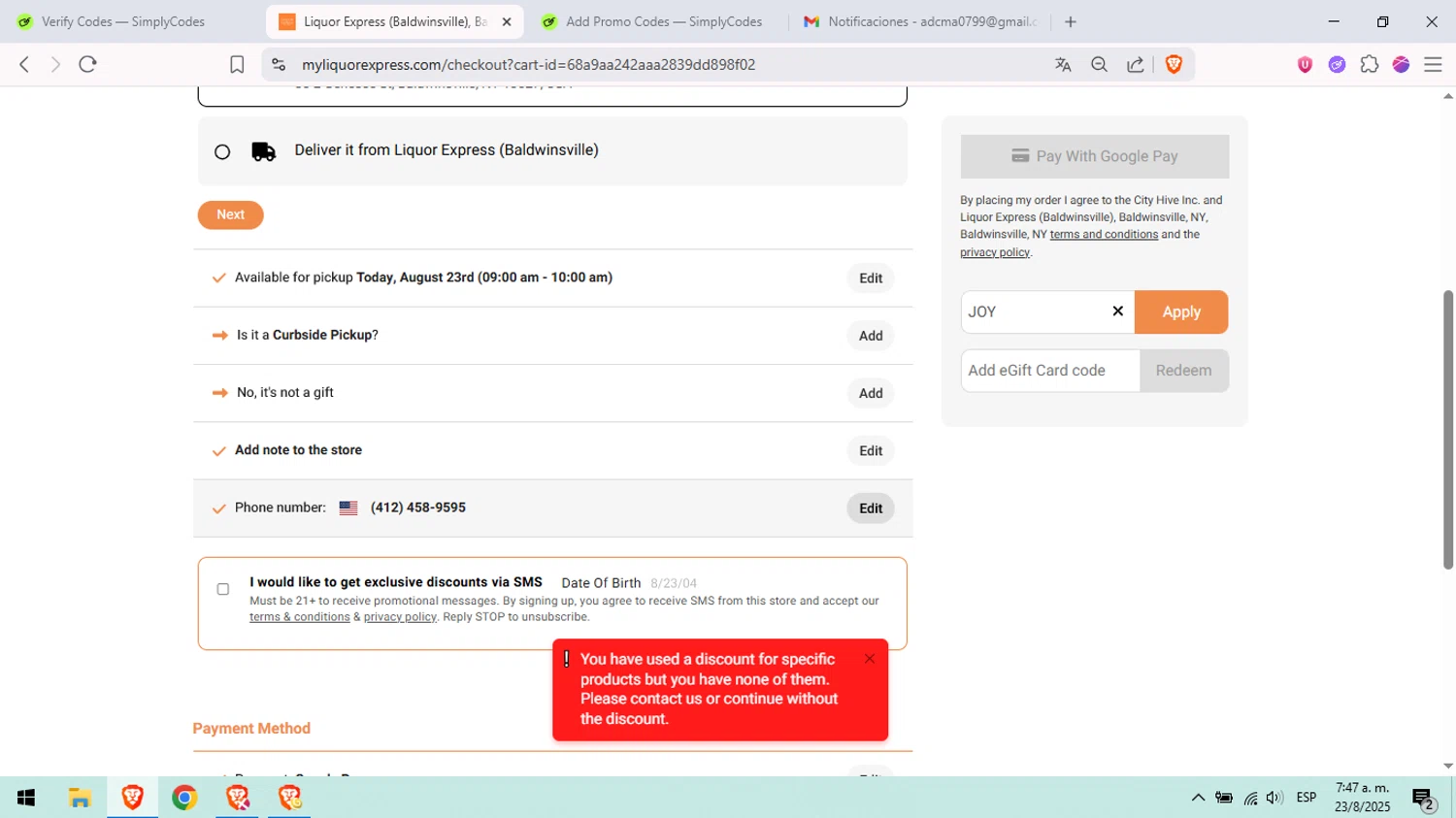 Liquor Express discount code screenshot showing code JOY applied at Liquor Express checkout page. Uploaded by SimplyCodes community member peachee on Aug 23, 2025