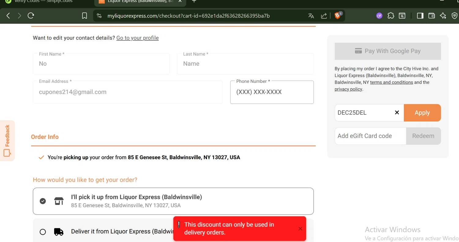 Liquor Express checkout page showing Liquor Express discount code box | Screenshot taken by SimplyCodes community member on Dec 1, 2025