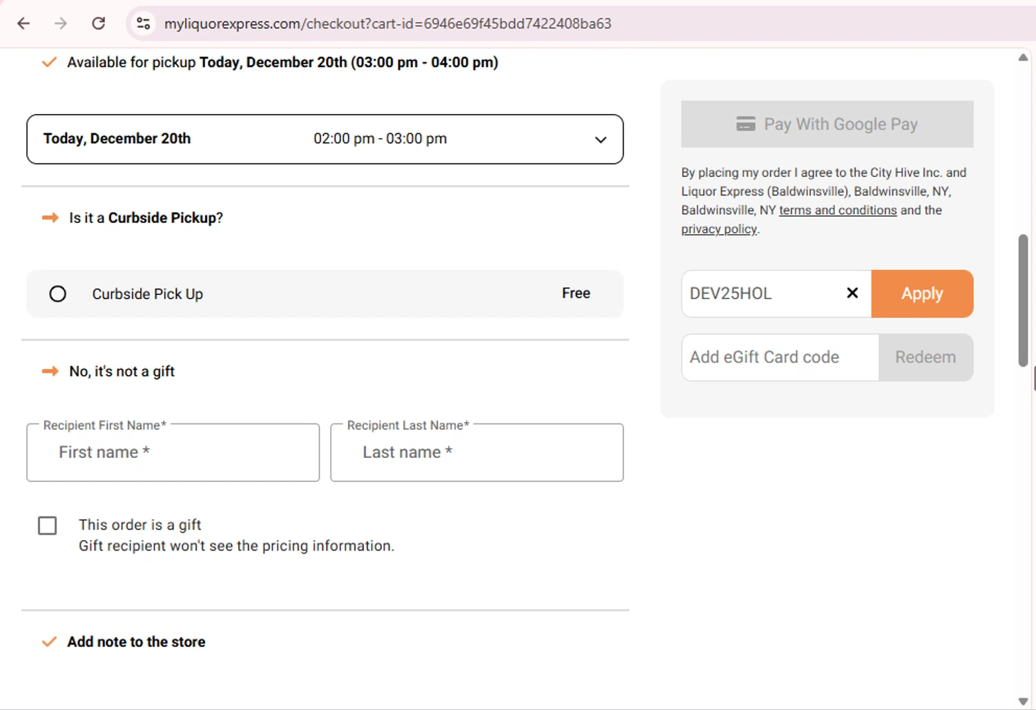 Liquor Express checkout page showing Liquor Express discount code box | Screenshot taken by SimplyCodes community member on Dec 20, 2025