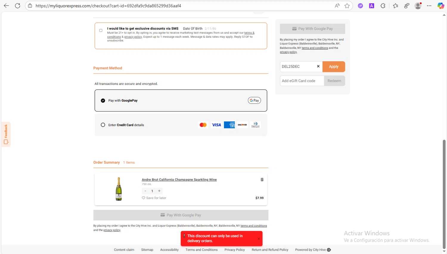 Liquor Express discount code screenshot showing code DEL25DEC applied at Liquor Express checkout page. Uploaded by SimplyCodes community member VoucherWhiz9254 on Dec 1, 2025