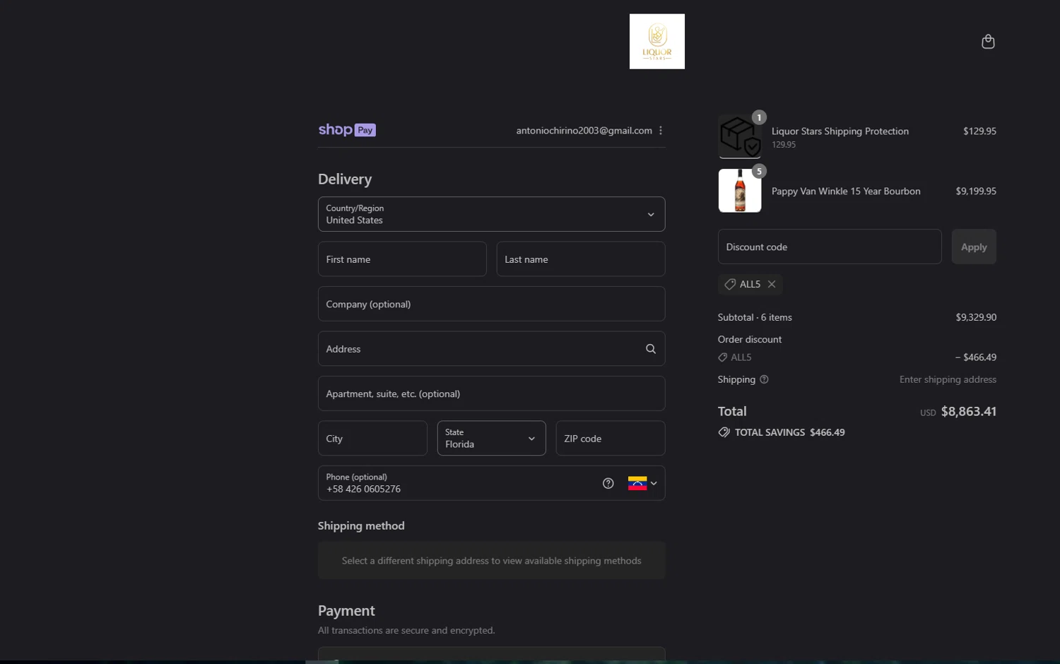 Liquor Stars discount code screenshot showing code ALL5 applied at Liquor Stars checkout page. Uploaded by SimplyCodes community member johnnybravo on Aug 17, 2025