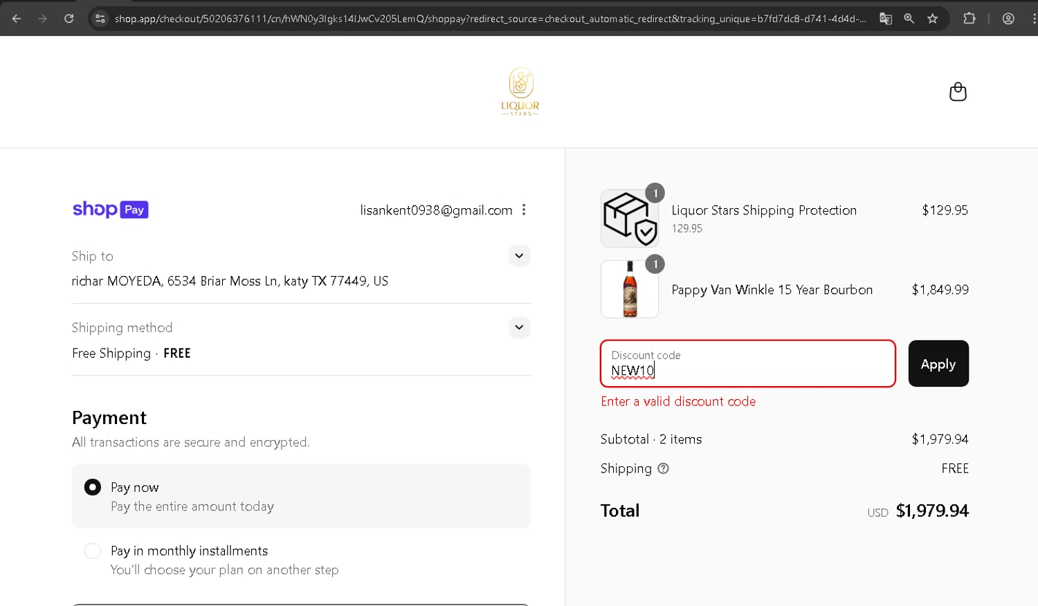 Liquor Stars discount code screenshot showing code NEW10 applied at Liquor Stars checkout page. Uploaded by SimplyCodes community member Wilmitus on Jul 23, 2025