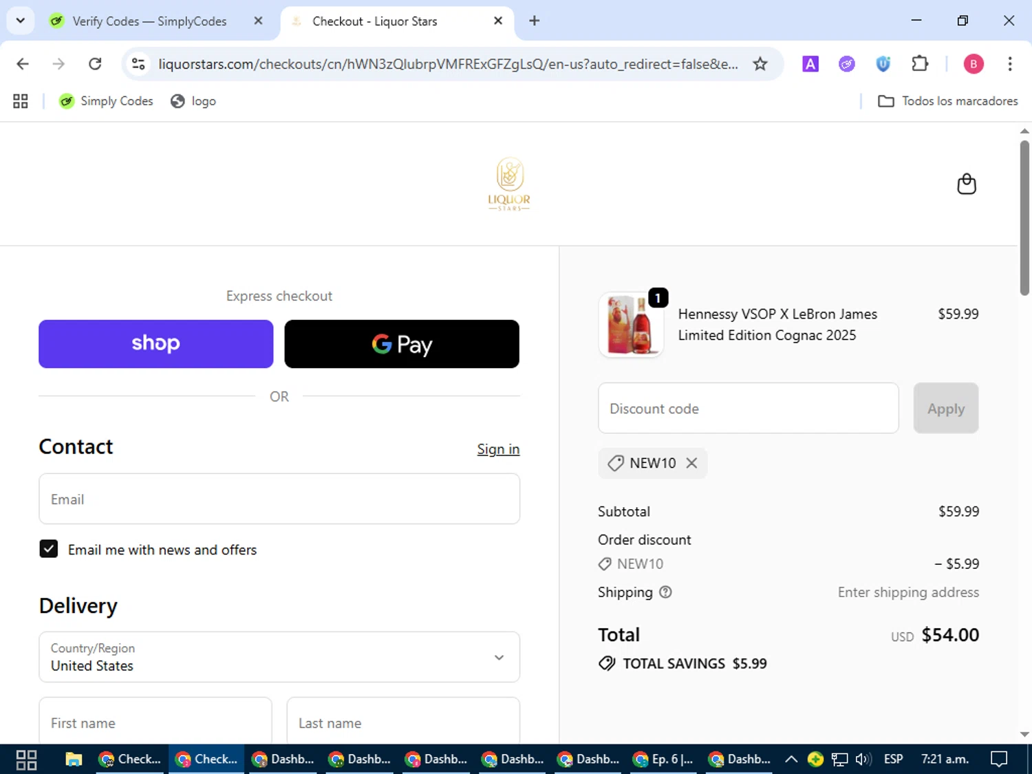 Liquor Stars discount code screenshot showing code NEW10 applied at Liquor Stars checkout page. Uploaded by SimplyCodes community member bombontropical on Oct 11, 2025