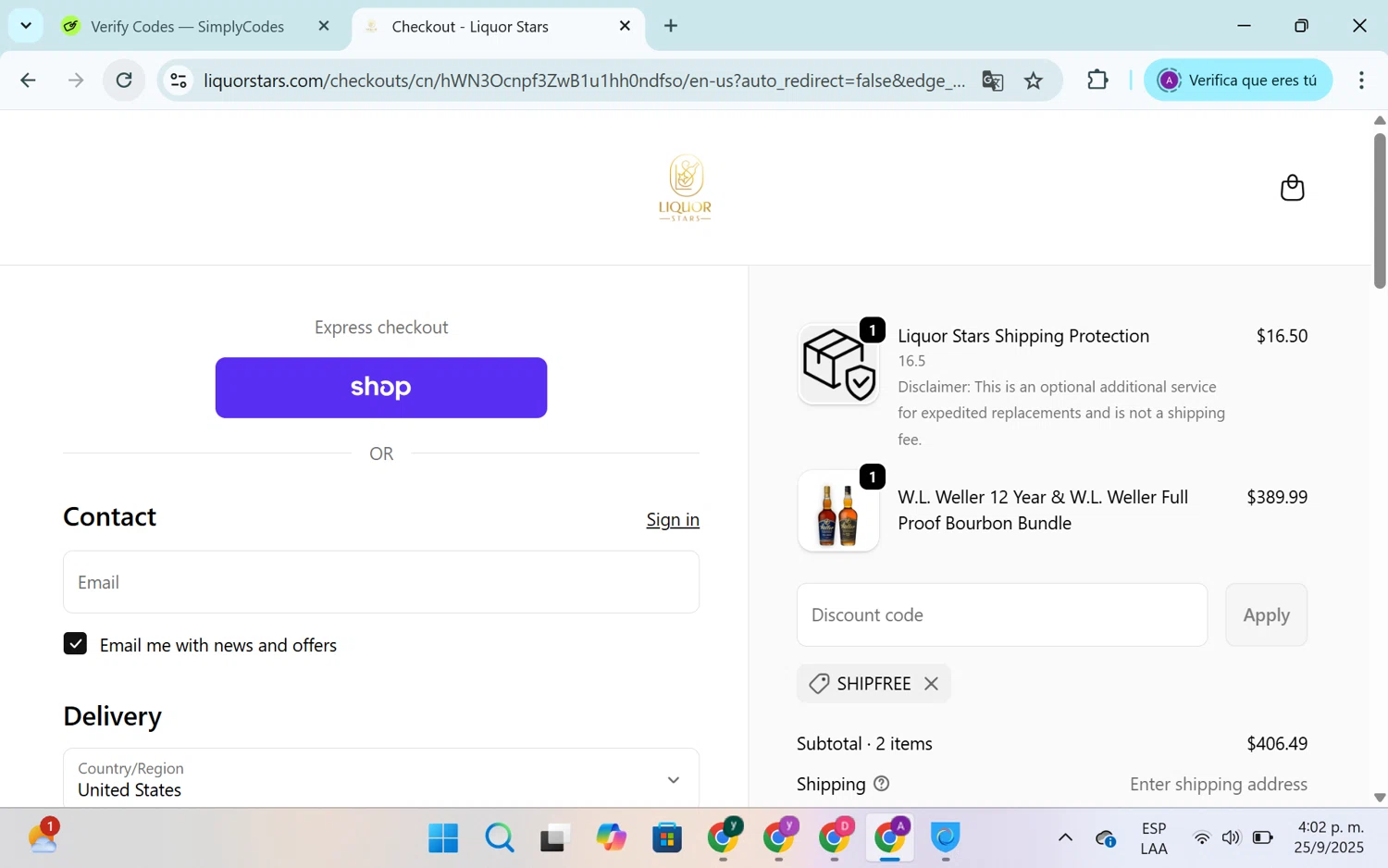 Liquor Stars discount code screenshot showing code SHIPFREE applied at Liquor Stars checkout page. Uploaded by SimplyCodes community member SEANJOHN55 on Sep 25, 2025
