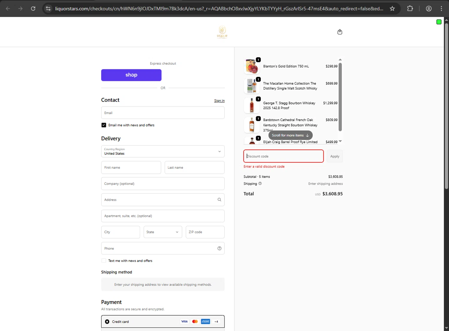 Liquor Stars discount code screenshot showing code CYBER applied at Liquor Stars checkout page. Uploaded by SimplyCodes community member Scrooge on Dec 24, 2025