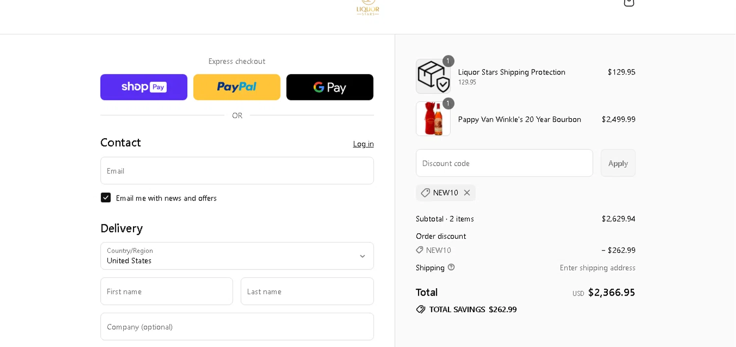 Liquor Stars discount code screenshot showing code NEW10 applied at Liquor Stars checkout page. Uploaded by SimplyCodes community member MagnificentCurator5441 on Aug 2, 2025