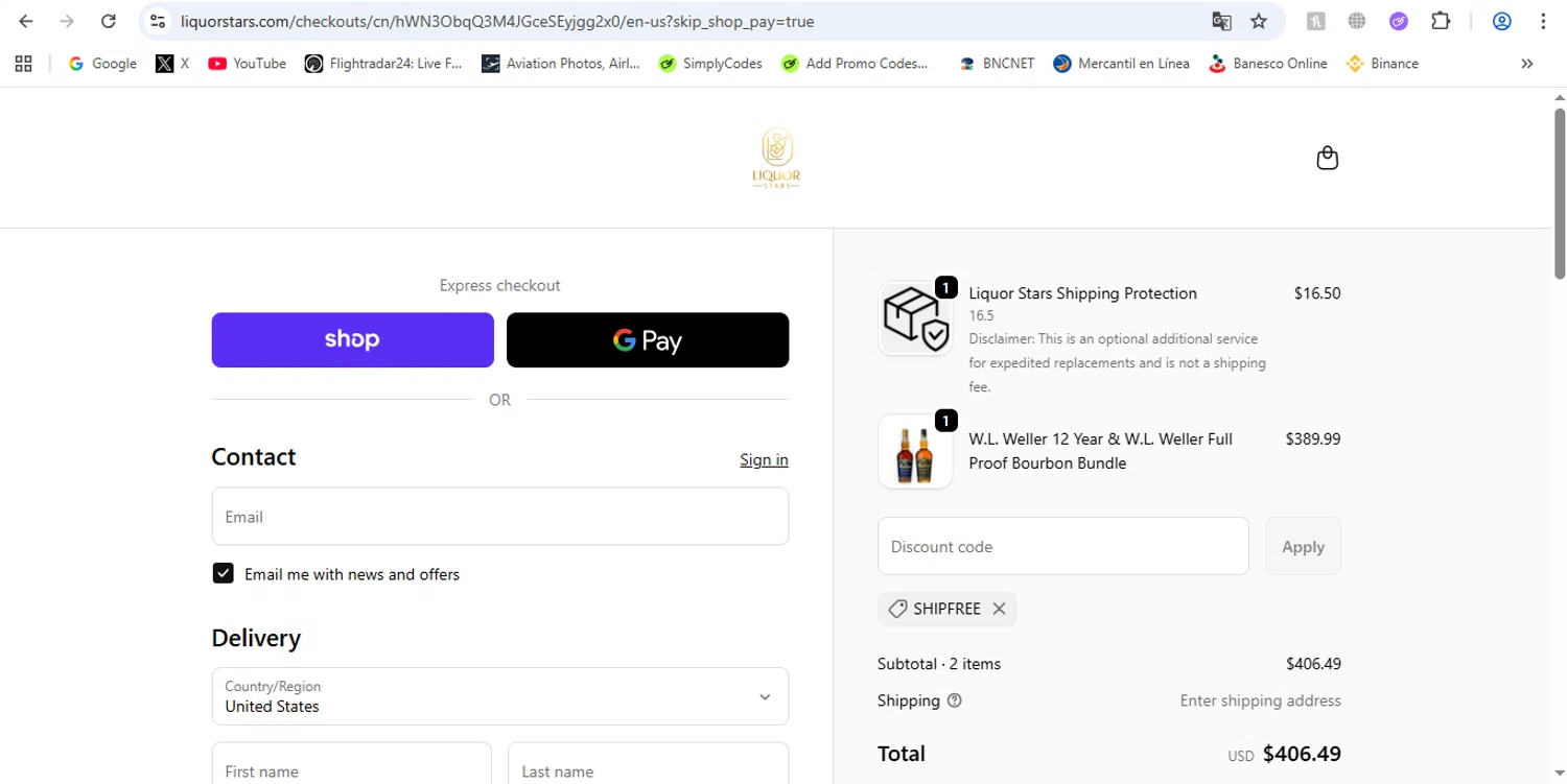 Liquor Stars discount code screenshot showing code SHIPFREE applied at Liquor Stars checkout page. Uploaded by SimplyCodes community member victor on Sep 25, 2025
