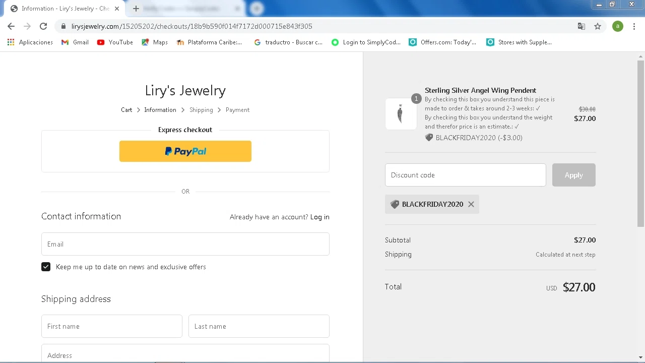 Lirys Jewelry checkout page showing Lirys Jewelry discount code box | Screenshot taken by SimplyCodes community member on Dec 2, 2020