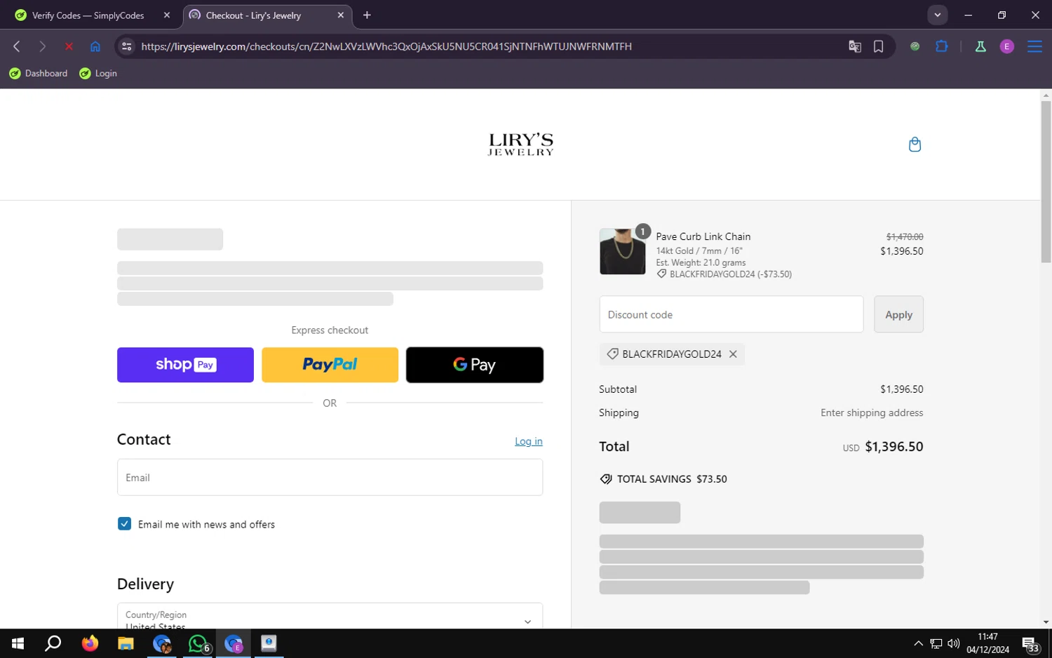 Lirys Jewelry checkout page showing Lirys Jewelry discount code box | Screenshot taken by SimplyCodes community member on Dec 4, 2024