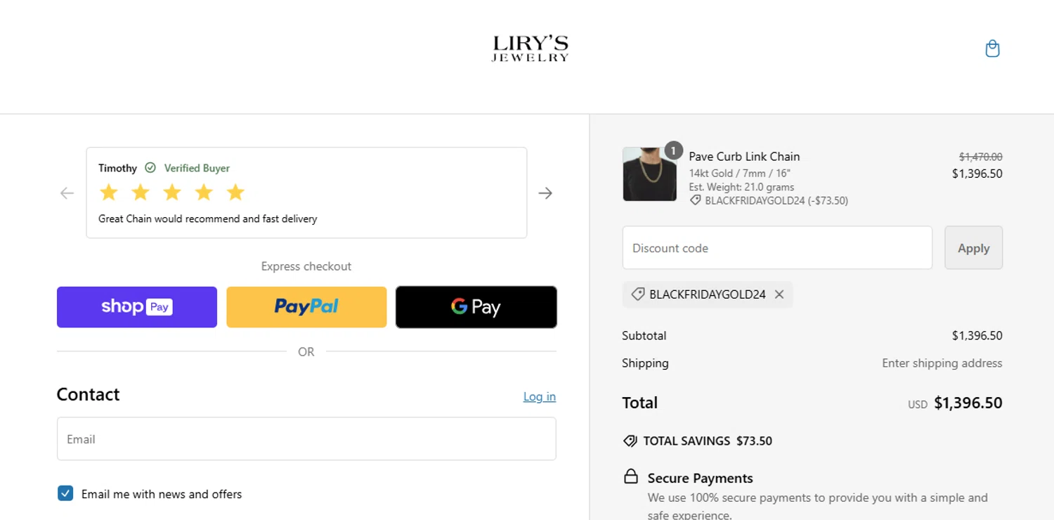 Lirys Jewelry checkout page showing Lirys Jewelry discount code box | Screenshot taken by SimplyCodes community member on Dec 4, 2024