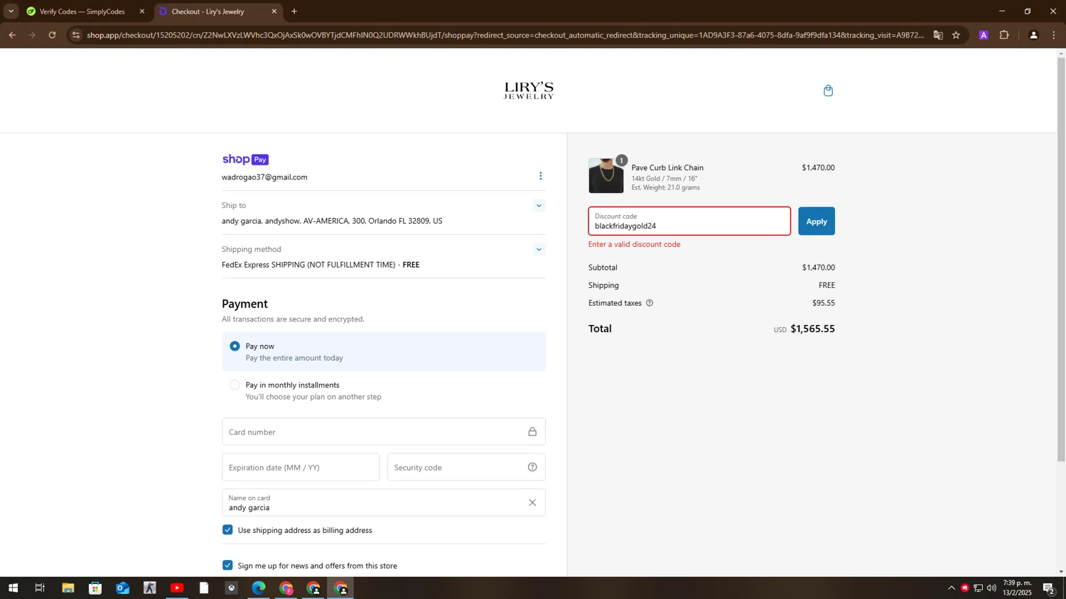 Lirys Jewelry discount code screenshot showing code blackfridaygold24 applied at Lirys Jewelry checkout page. Uploaded by SimplyCodes community member BudgetMaven6078 on Feb 13, 2025