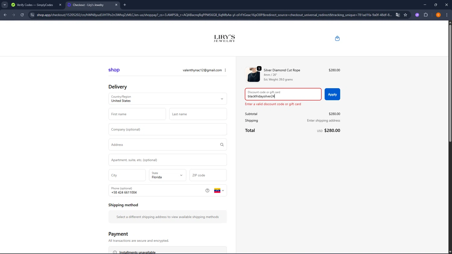 Lirys Jewelry discount code screenshot showing code blackfridaysilver24 applied at Lirys Jewelry checkout page. Uploaded by SimplyCodes community member FrugalFalcon351 on Feb 19, 2026