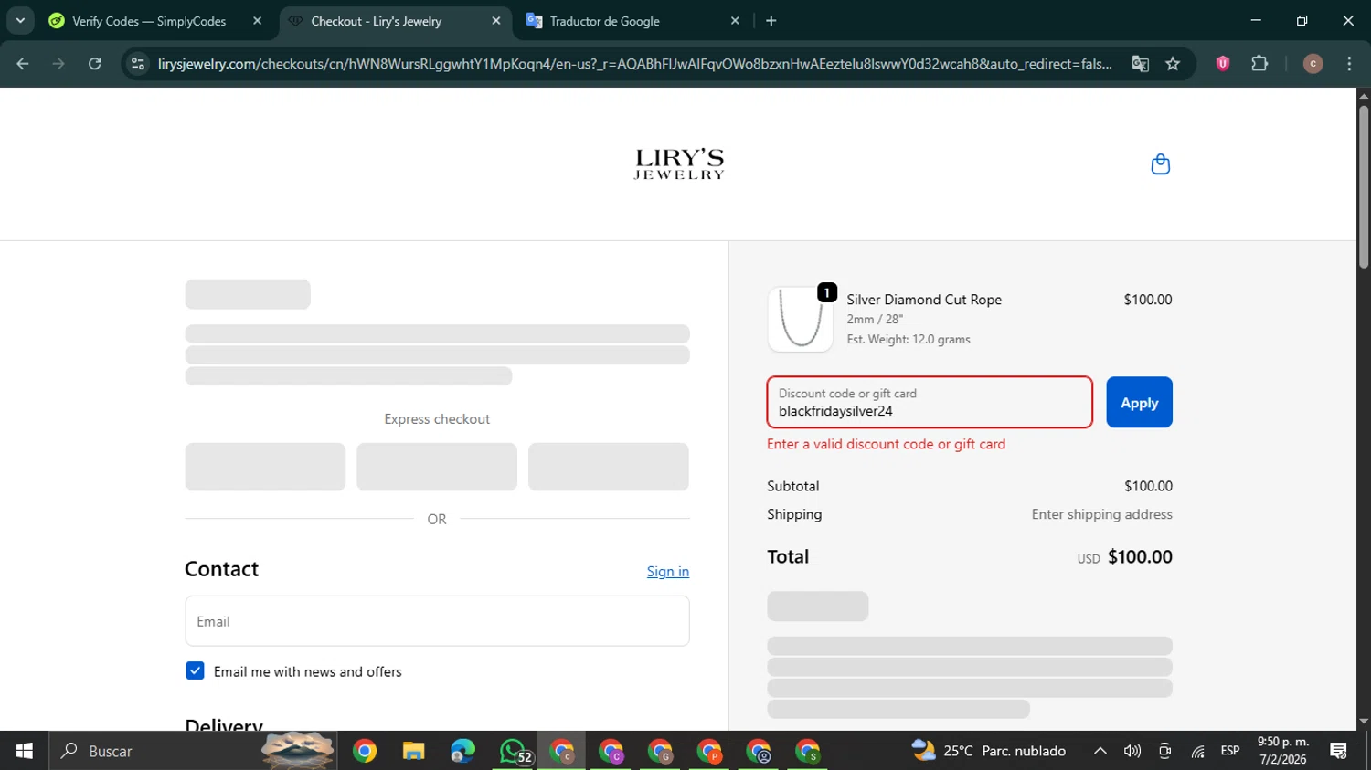 Lirys Jewelry discount code screenshot showing code blackfridaysilver24 applied at Lirys Jewelry checkout page. Uploaded by SimplyCodes community member NobleExpert6497 on Feb 8, 2026