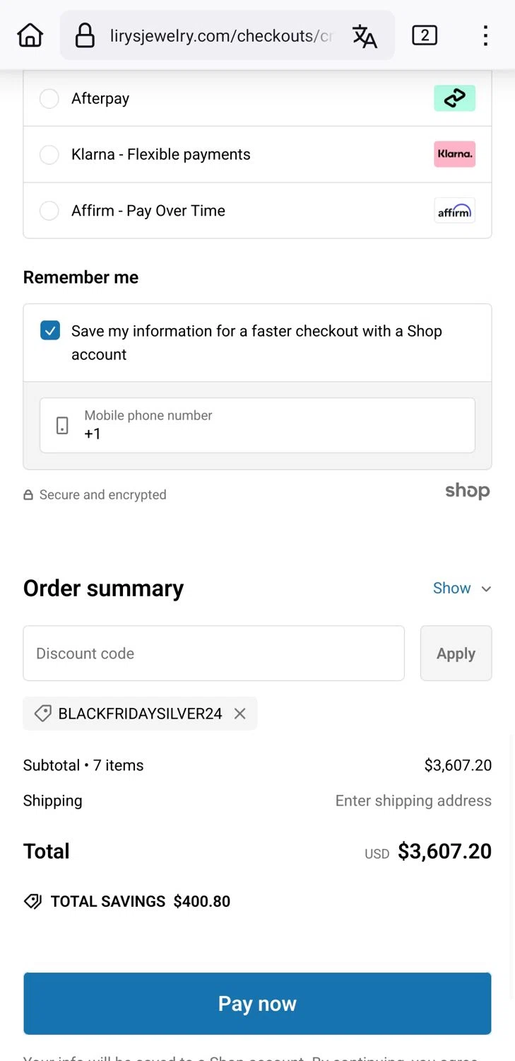 Lirys Jewelry checkout page showing Lirys Jewelry discount code box | Screenshot taken by SimplyCodes community member on Dec 4, 2024