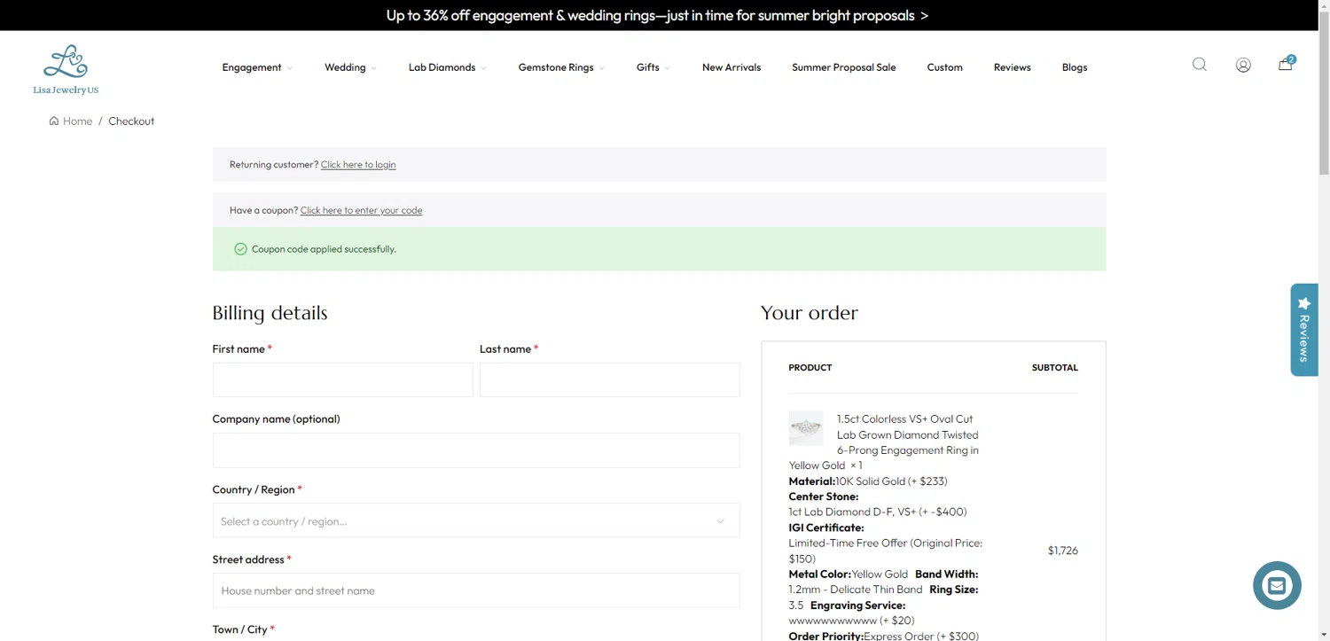 LisaJewelryUS promo code screenshot showing code LISA60 applied at LisaJewelryUS checkout page. Uploaded by SimplyCodes community member PromoAdmiral6652 on Jun 22, 2025