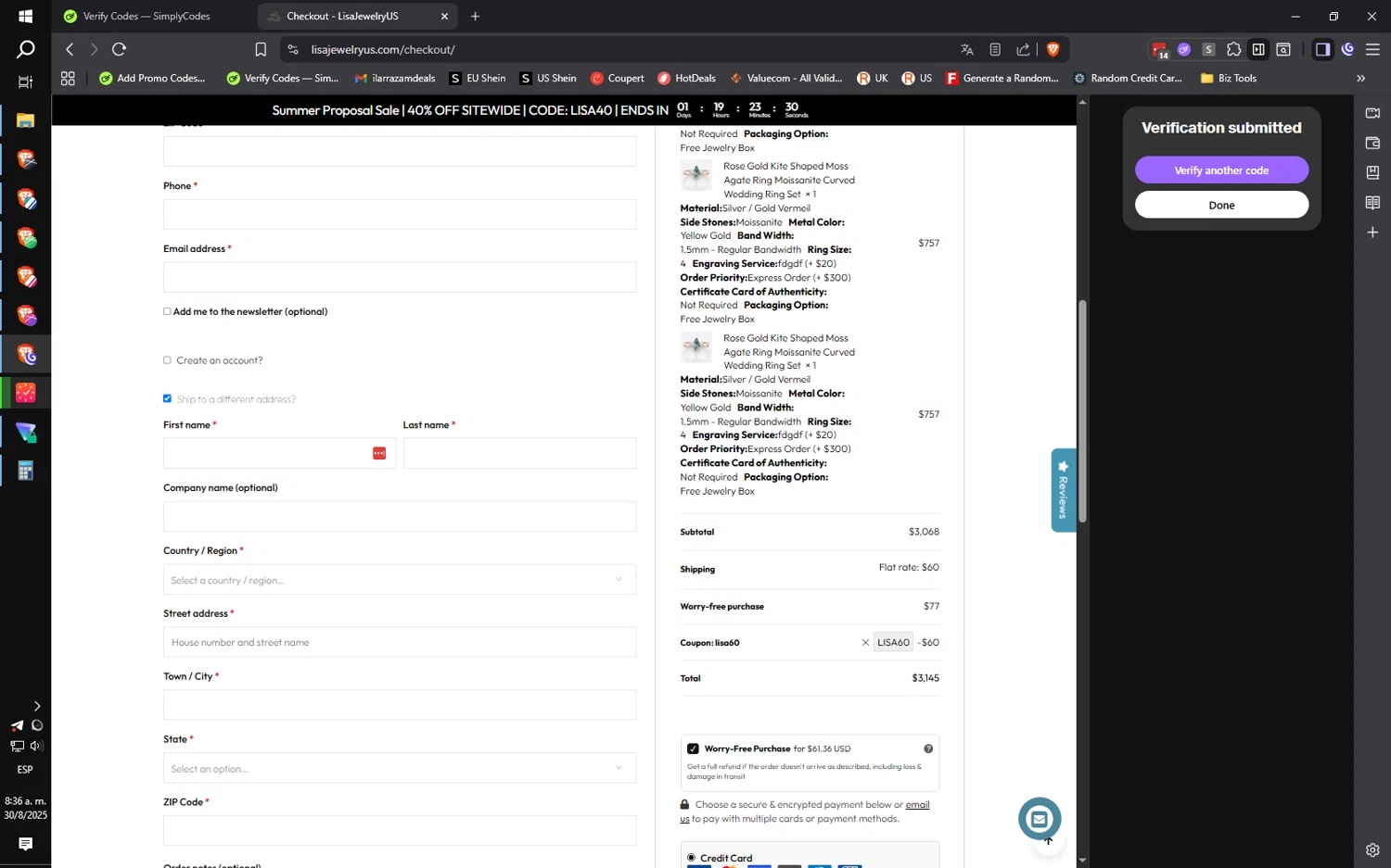 LisaJewelryUS promo code screenshot showing code LISA60 applied at LisaJewelryUS checkout page. Uploaded by SimplyCodes community member ilarrazaM4 on Aug 30, 2025