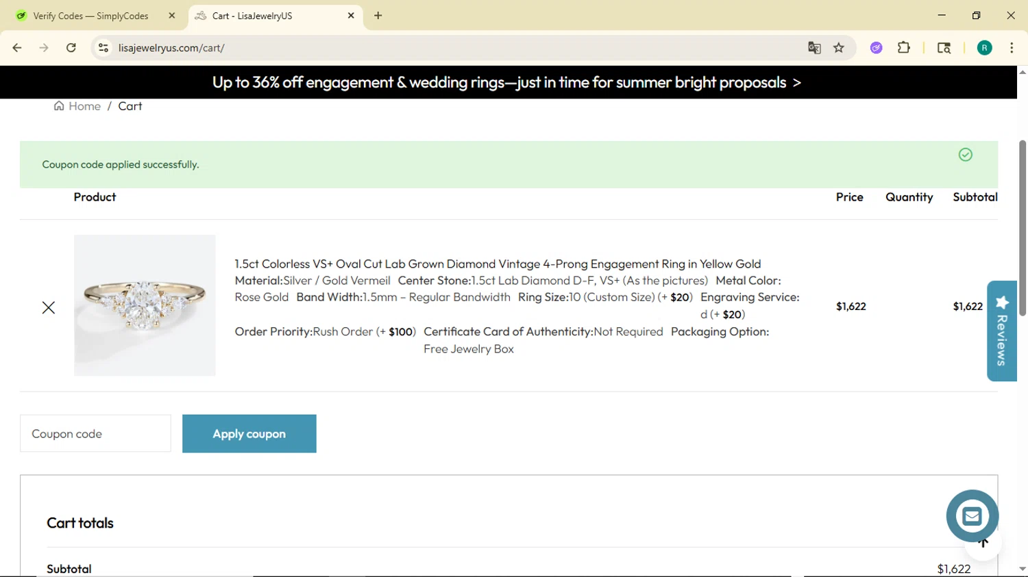 LisaJewelryUS promo code screenshot showing code LISA30 applied at LisaJewelryUS checkout page. Uploaded by SimplyCodes community member BargainMonarch6495 on Jun 22, 2025