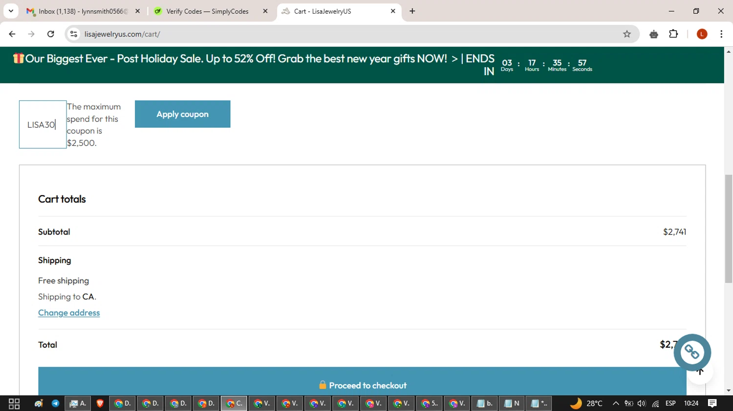 LisaJewelryUS promo code screenshot showing code LISA30 applied at LisaJewelryUS checkout page. Uploaded by SimplyCodes community member BonusHero9692 on Jan 11, 2025
