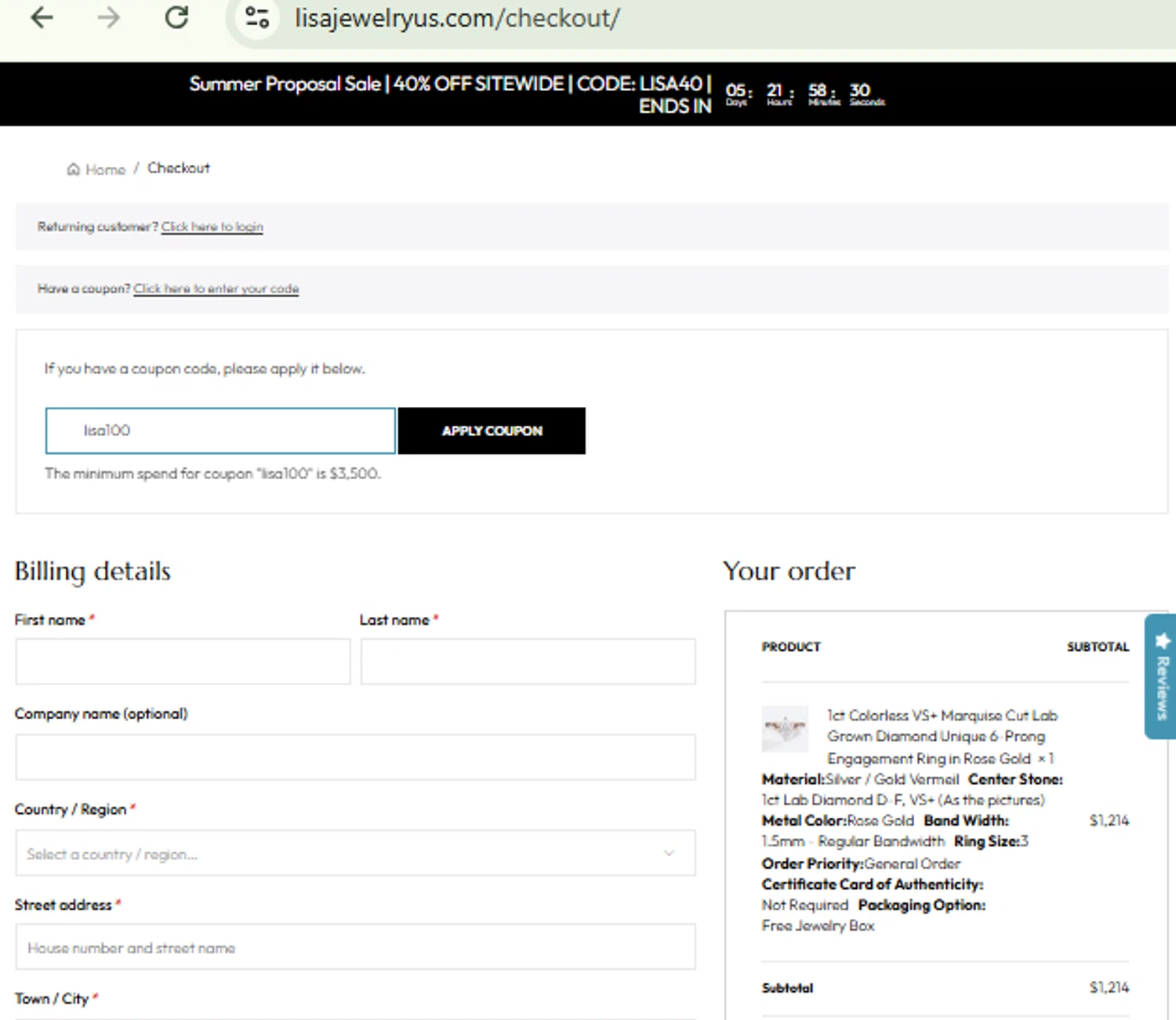 LisaJewelryUS promo code screenshot showing code lisa100 applied at LisaJewelryUS checkout page. Uploaded by SimplyCodes community member CashMaestro9337 on Aug 26, 2025