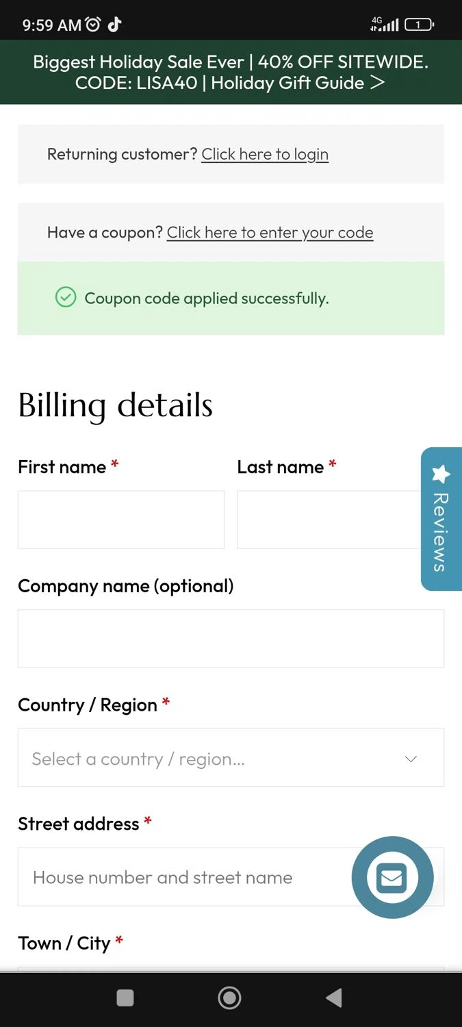 LisaJewelryUS promo code screenshot showing code lisa10 applied at LisaJewelryUS checkout page. Uploaded by SimplyCodes community member BargainPioneer8286 on Nov 6, 2025