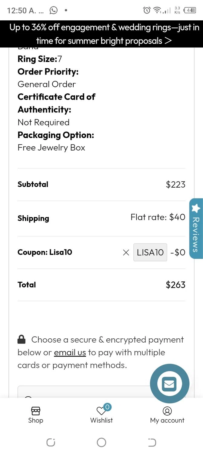 LisaJewelryUS promo code screenshot showing code lisa10 applied at LisaJewelryUS checkout page. Uploaded by SimplyCodes community member CoinBoss7109 on Jun 22, 2025