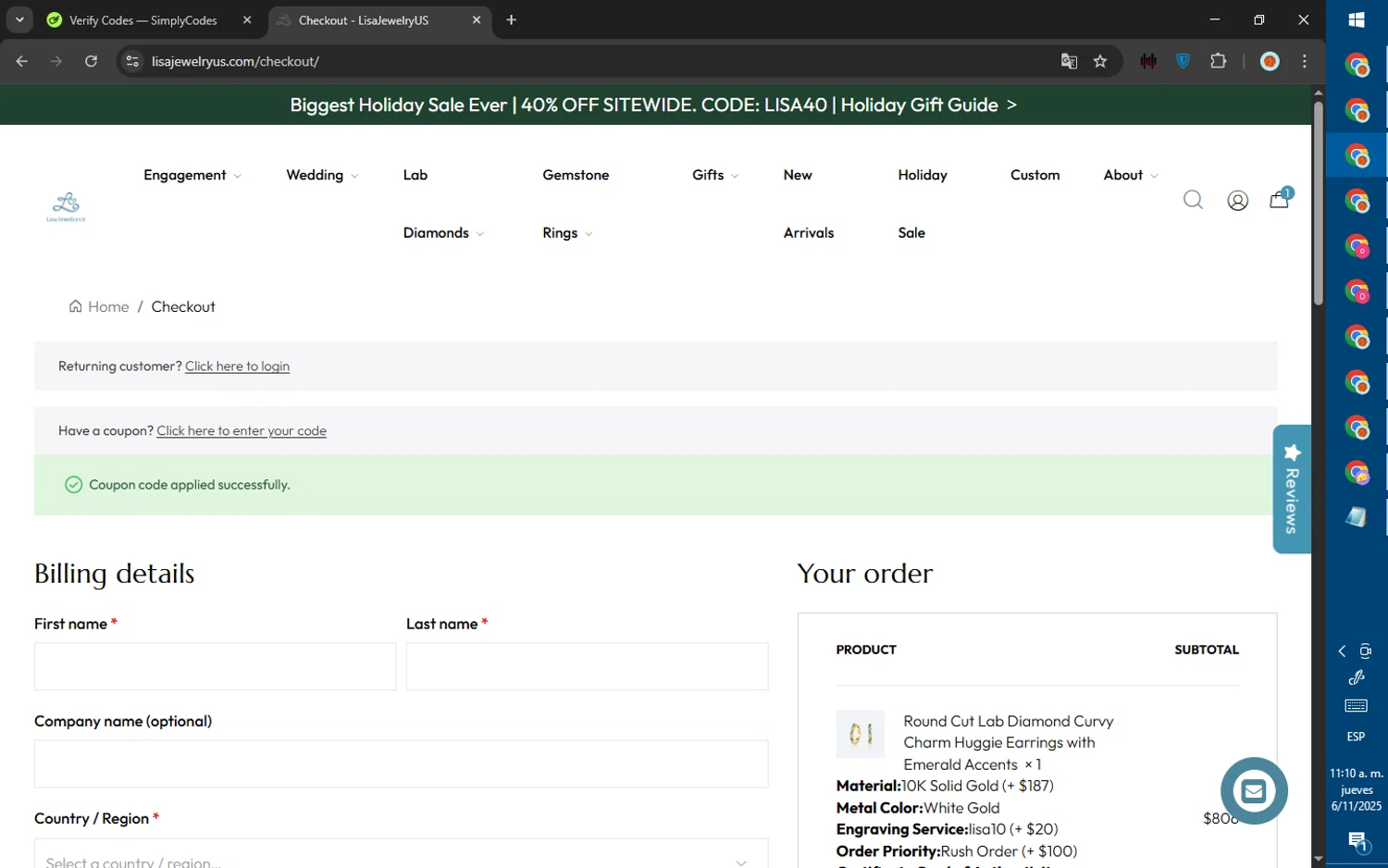 LisaJewelryUS promo code screenshot showing code lisa10 applied at LisaJewelryUS checkout page. Uploaded by SimplyCodes community member ValiantWarden8956 on Nov 6, 2025