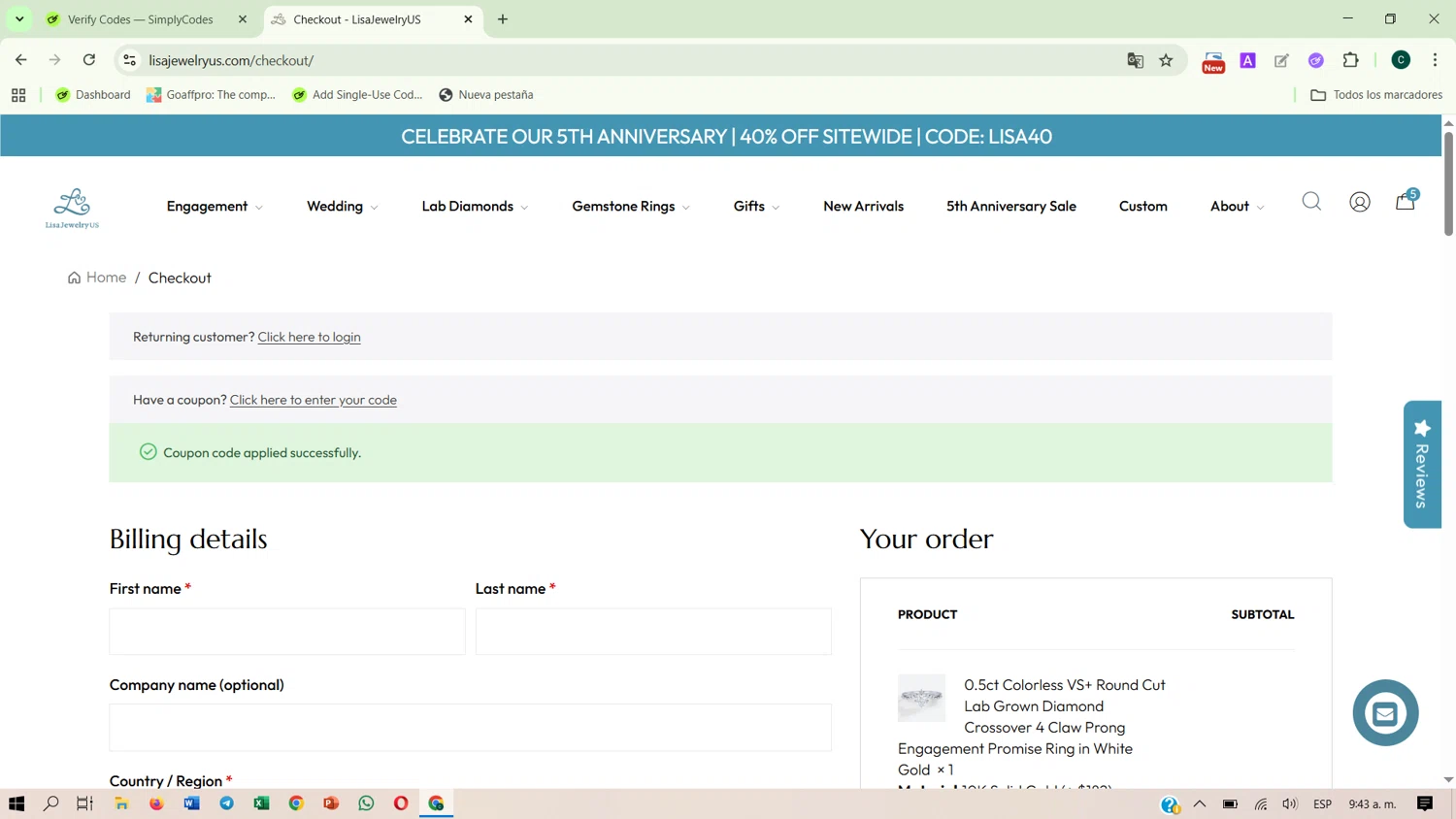 LisaJewelryUS checkout page showing LisaJewelryUS promo code box | Screenshot taken by SimplyCodes community member on Sep 23, 2025