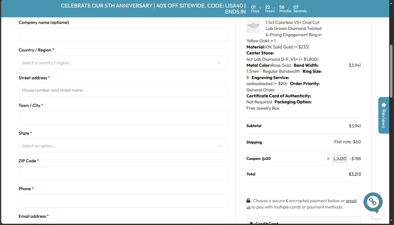 LisaJewelryUS checkout page showing LisaJewelryUS promo code box | Screenshot taken by SimplyCodes community member on Oct 30, 2025