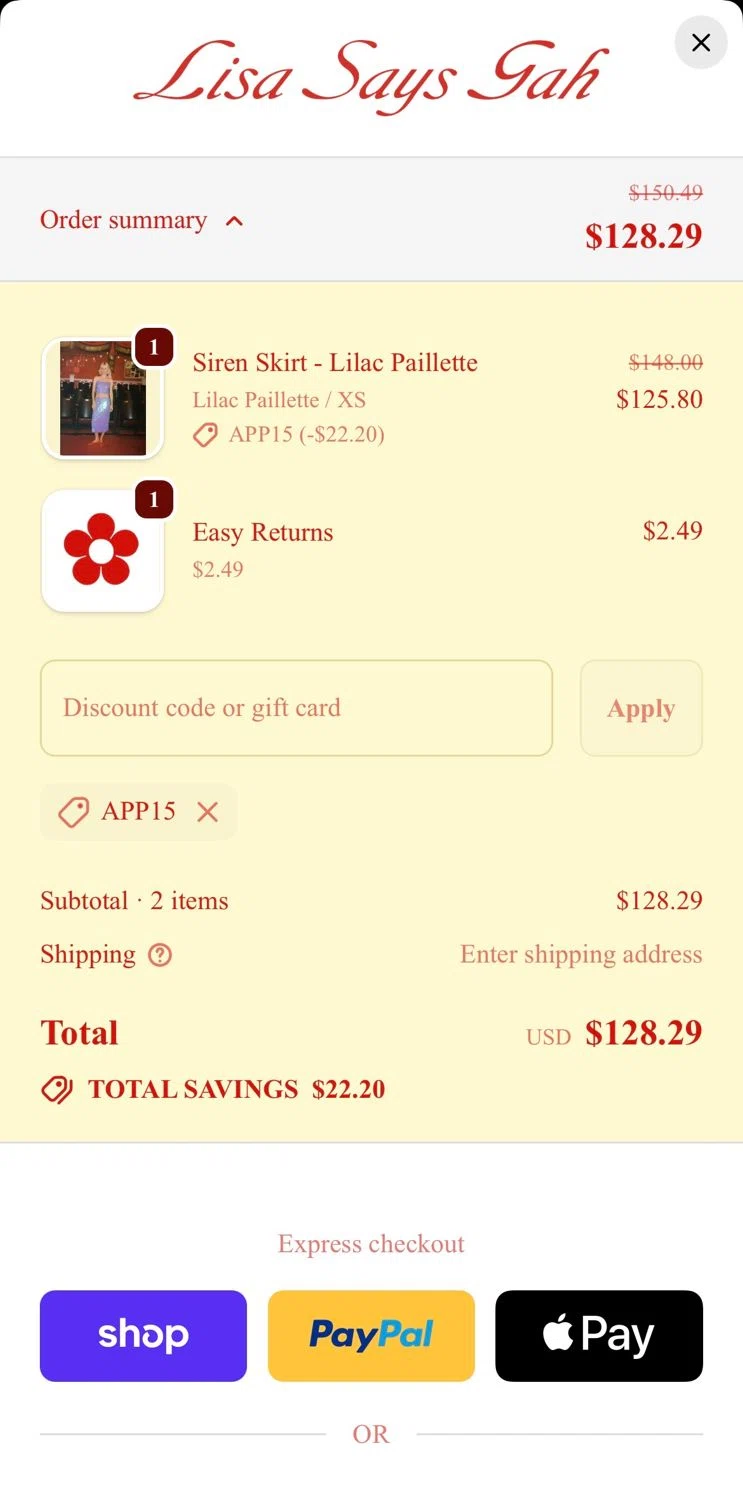 Lisa Says Gah discount code screenshot showing code APP15 applied at Lisa Says Gah checkout page. Uploaded by SimplyCodes community member ______________ on Dec 5, 2025