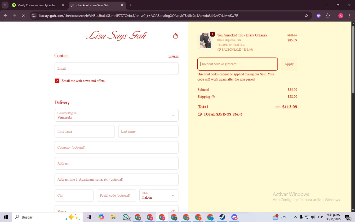 Lisa Says Gah checkout page showing Lisa Says Gah discount code box | Screenshot taken by SimplyCodes community member on Dec 1, 2025