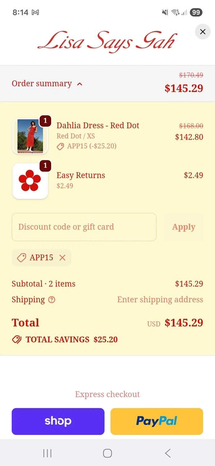 Lisa Says Gah discount code screenshot showing code App15 applied at Lisa Says Gah checkout page. Uploaded by SimplyCodes community member valeriaantonieta on Dec 19, 2025