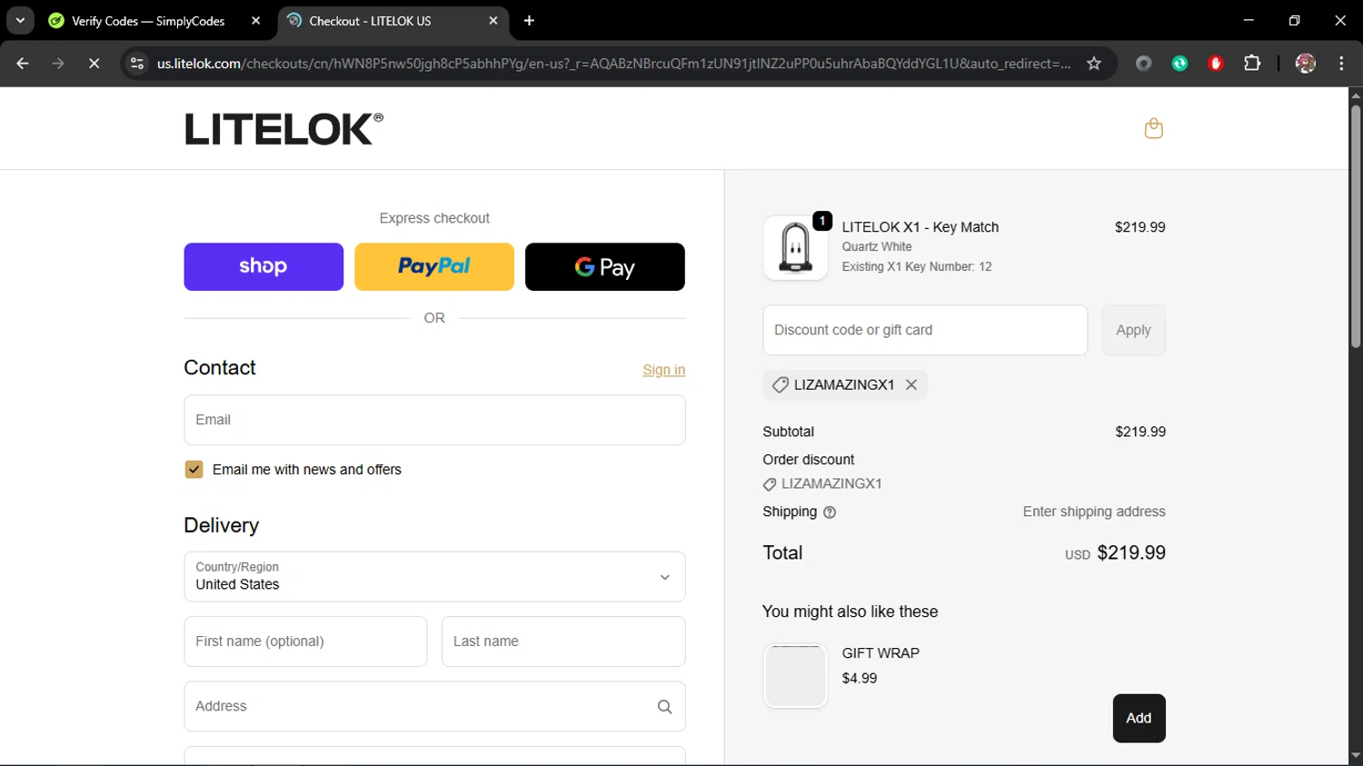 Litelok discount code screenshot showing code LIZAMAZINGX1 applied at Litelok checkout page. Uploaded by SimplyCodes community member Juliet on Feb 4, 2026