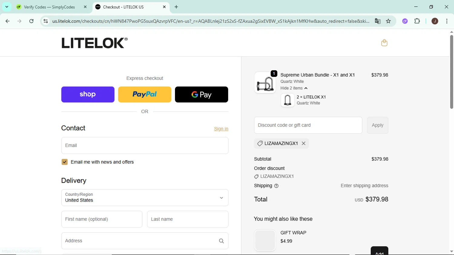 Litelok discount code screenshot showing code LIZAMAZINGX1 applied at Litelok checkout page. Uploaded by SimplyCodes community member LegendaryAce8627 on Jan 26, 2026