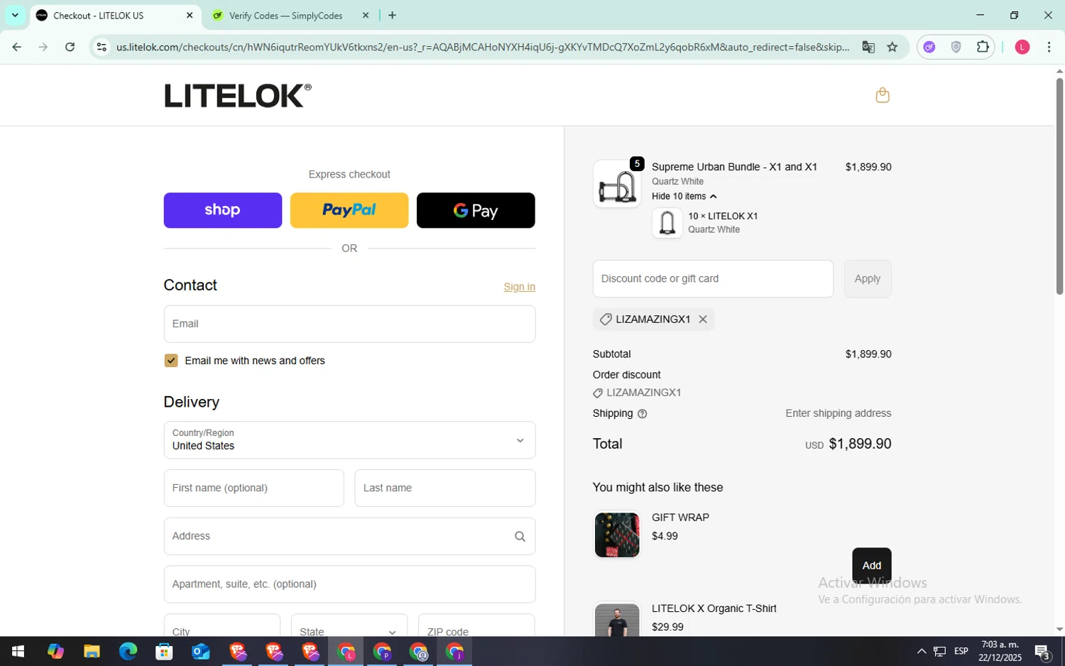Litelok discount code screenshot showing code LIZAMAZINGX1 applied at Litelok checkout page. Uploaded by SimplyCodes community member SilverFox3257 on Dec 22, 2025
