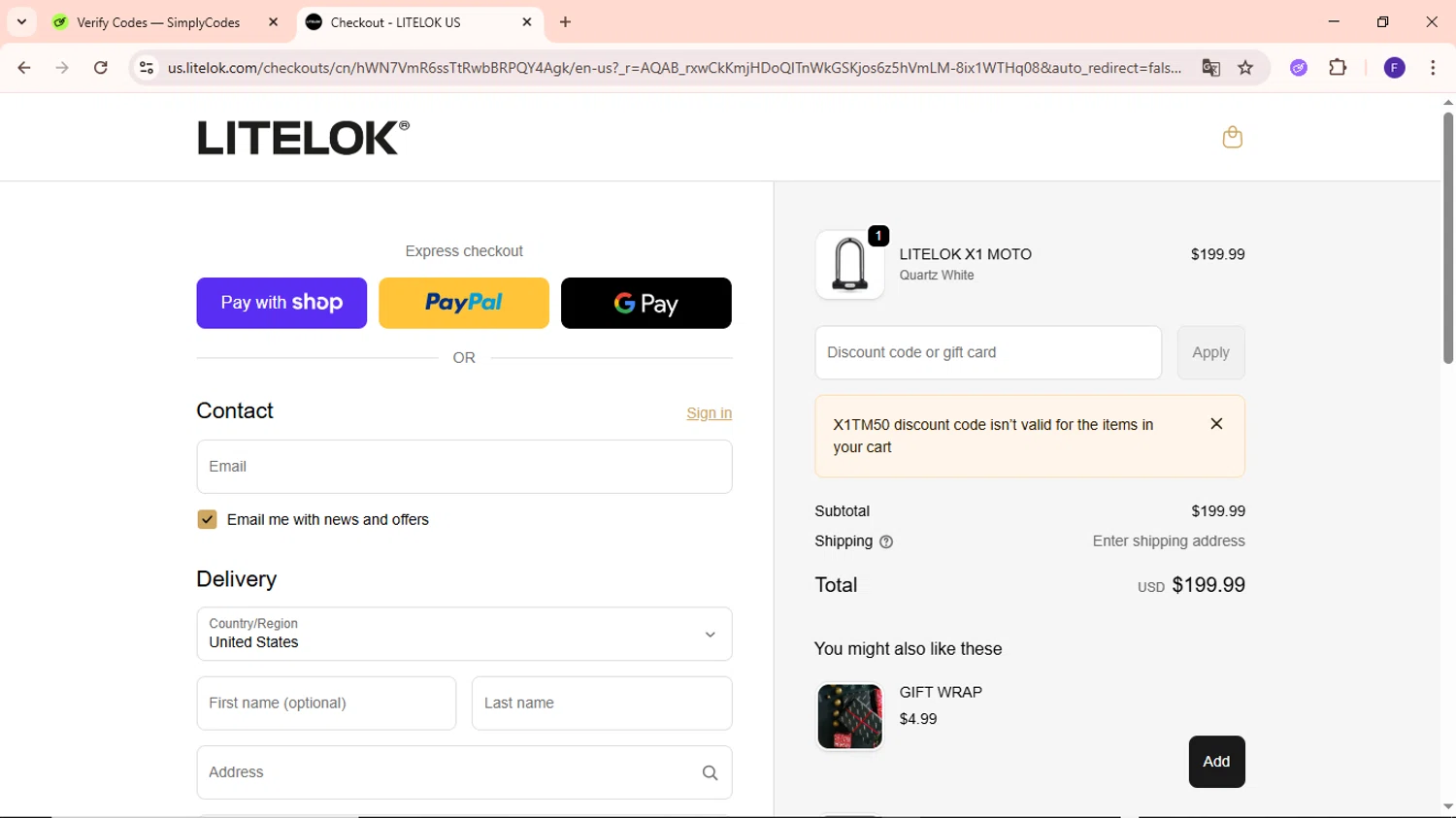 Litelok discount code screenshot showing code X1TM50 applied at Litelok checkout page. Uploaded by SimplyCodes community member MightyCaptain635 on Jan 12, 2026