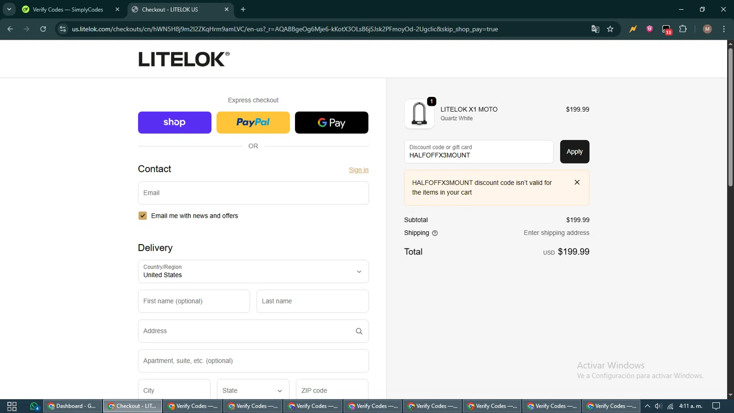 Litelok discount code screenshot showing code HALFOFFX3MOUNT applied at Litelok checkout page. Uploaded by SimplyCodes community member DiscountTitan4635 on Nov 14, 2025