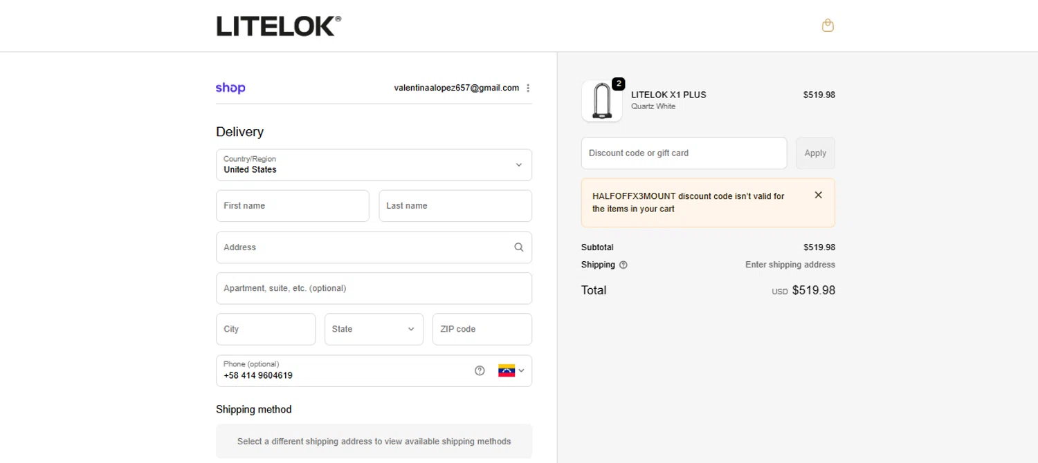 Litelok discount code screenshot showing code HALFOFFX3MOUNT applied at Litelok checkout page. Uploaded by SimplyCodes community member Nicoletorres on Dec 23, 2025