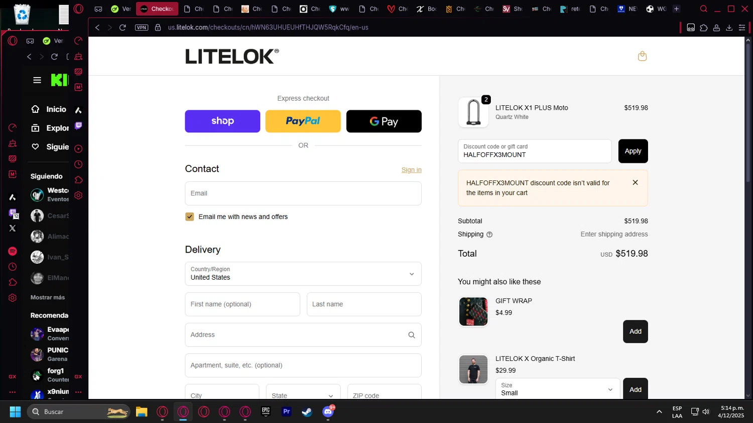 Litelok discount code screenshot showing code HALFOFFX3MOUNT applied at Litelok checkout page. Uploaded by SimplyCodes community member leonardocamacho2 on Dec 4, 2025