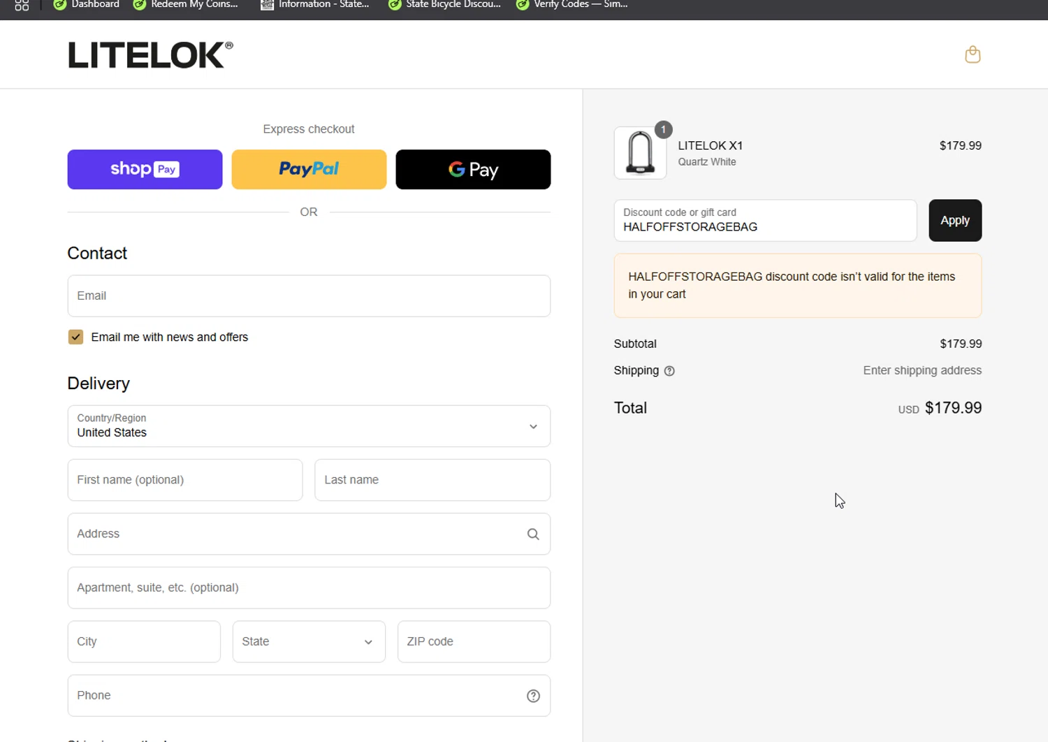 Litelok discount code screenshot showing code HALFOFFSTORAGEBAG applied at Litelok checkout page. Uploaded by SimplyCodes community member Doomslayer on Apr 14, 2025