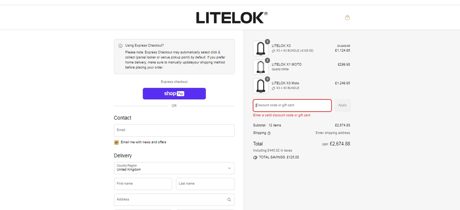 Litelok discount code screenshot showing code MOTOBOB applied at Litelok checkout page. Uploaded by SimplyCodes community member obito1234 on Jul 9, 2025