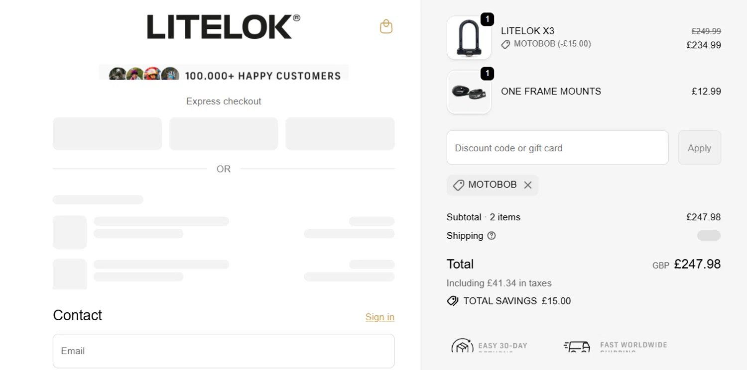 Litelok discount code screenshot showing code MOTOBOB applied at Litelok checkout page. Uploaded by SimplyCodes community member jesspea on Dec 12, 2025