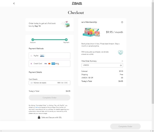 Literati checkout page showing Literati coupon code box | Screenshot taken by SimplyCodes community member on Sep 5, 2022