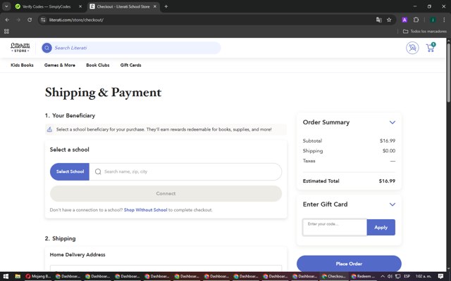 Literati checkout page showing Literati coupon code box | Screenshot taken by SimplyCodes community member on Mar 27, 2025
