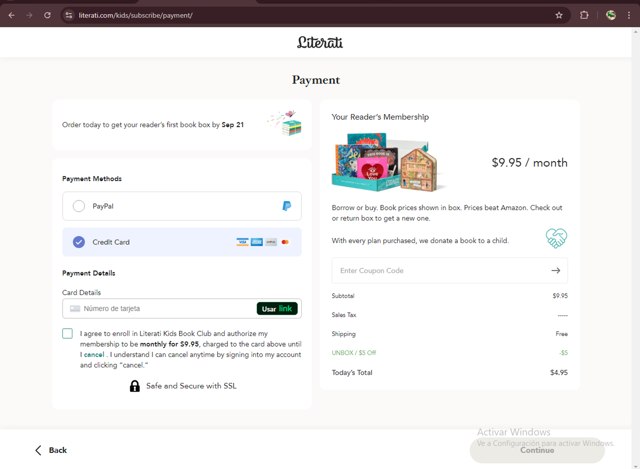 Literati checkout page showing Literati coupon code box | Screenshot taken by SimplyCodes community member on Sep 10, 2024