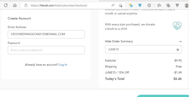 Literati checkout page showing Literati coupon code box | Screenshot taken by SimplyCodes community member on Jun 20, 2022