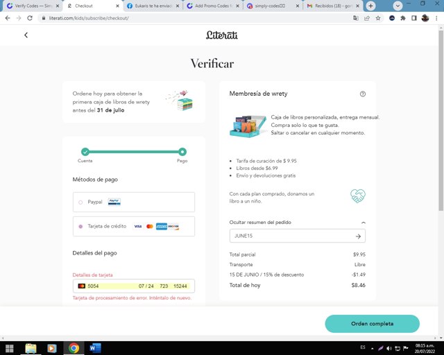 Literati checkout page showing Literati coupon code box | Screenshot taken by SimplyCodes community member on Jul 20, 2022
