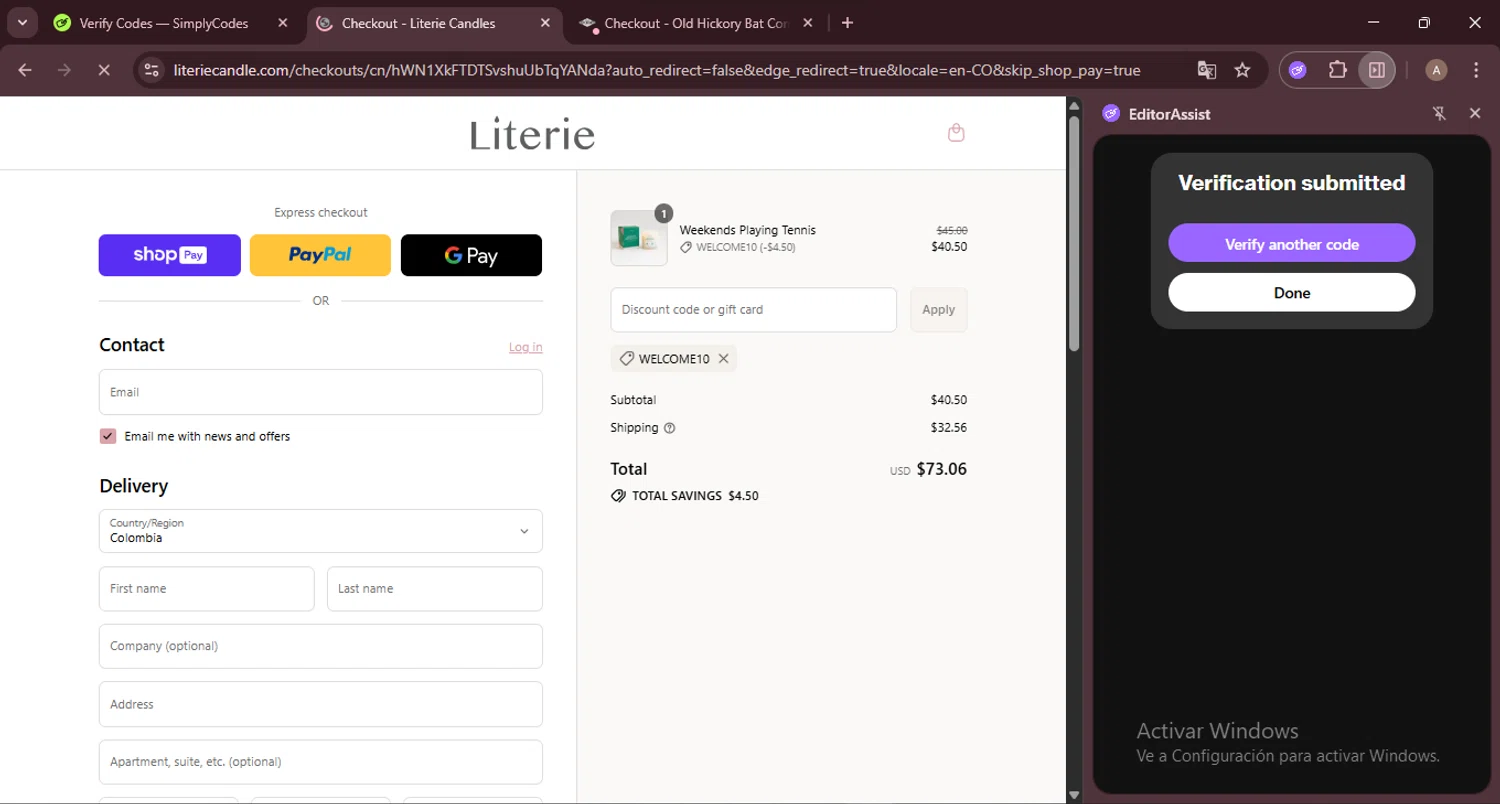 Literie Candle promo code screenshot showing code WELCOME10 applied at Literie Candle checkout page. Uploaded by SimplyCodes community member GoldRanger7896 on Aug 8, 2025