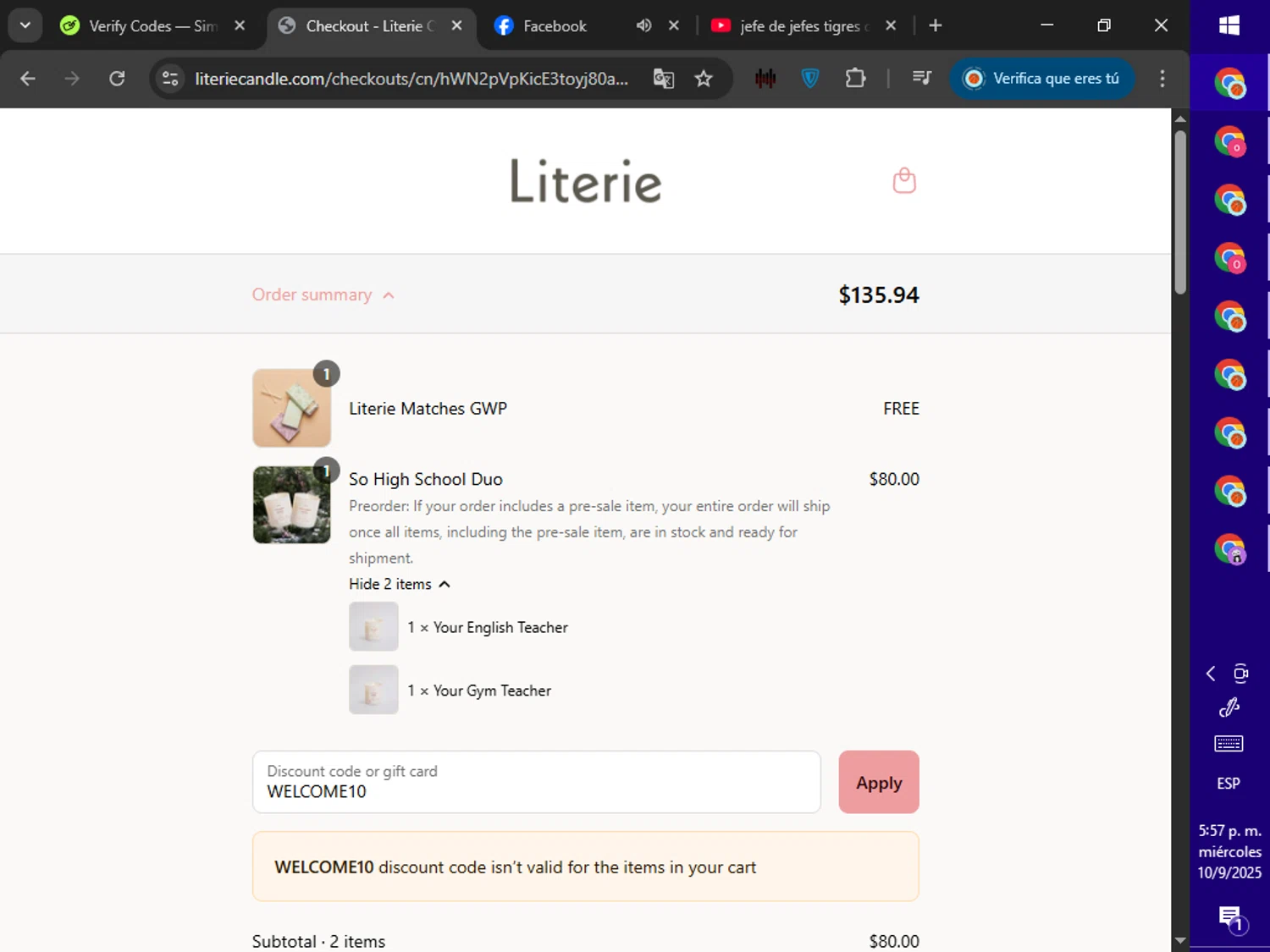 Literie Candle promo code screenshot showing code WELCOME10 applied at Literie Candle checkout page. Uploaded by SimplyCodes community member ValiantWarden8956 on Sep 10, 2025